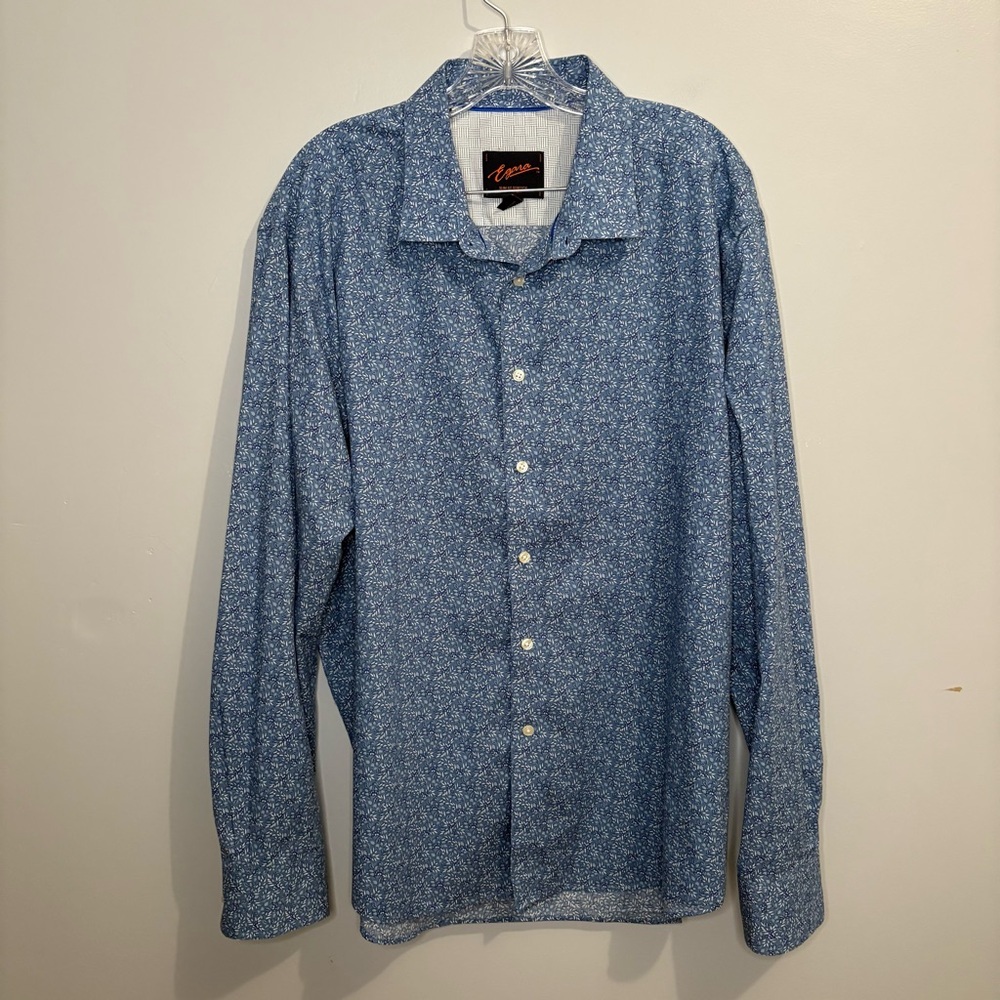 Egara Men XXL Long Sleeve Button Down Shirt Floral Blue Slim Fit Stretch No Iron